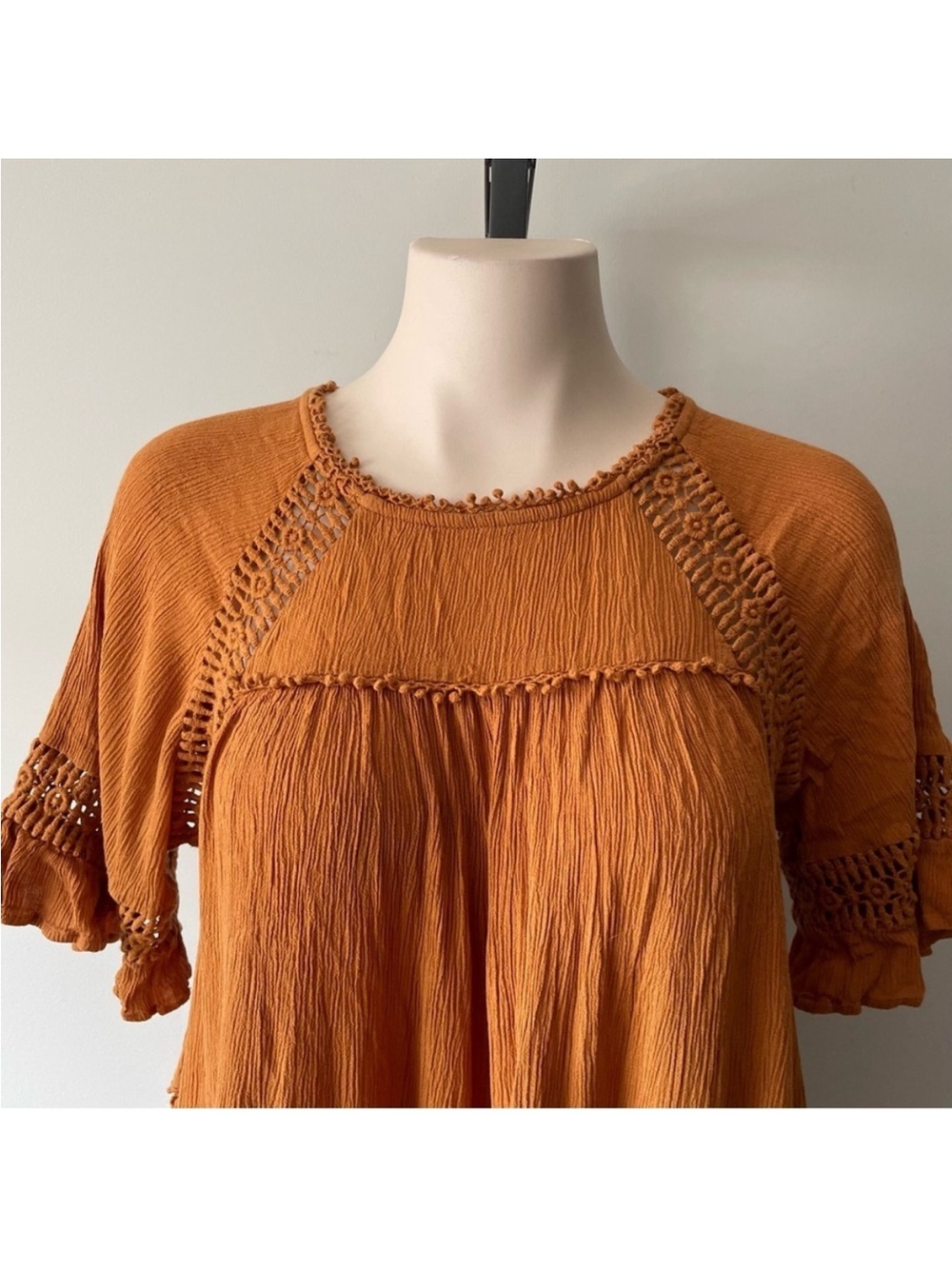 Patrons of Peace Burnt Orange Crochet-Trim Babydoll mini dress
